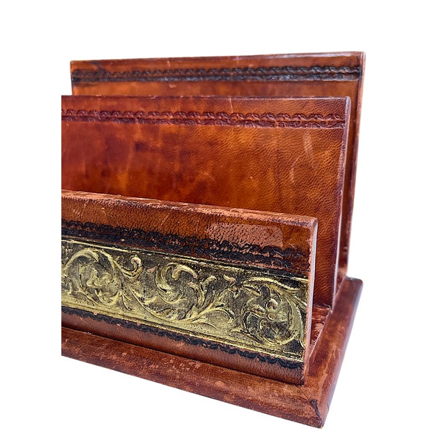 Animal Skin Vintage Italian Wood Wrapped Leather Letter & Document Holder With Embossed Gold Detailing For Sale - Image 7 of 9