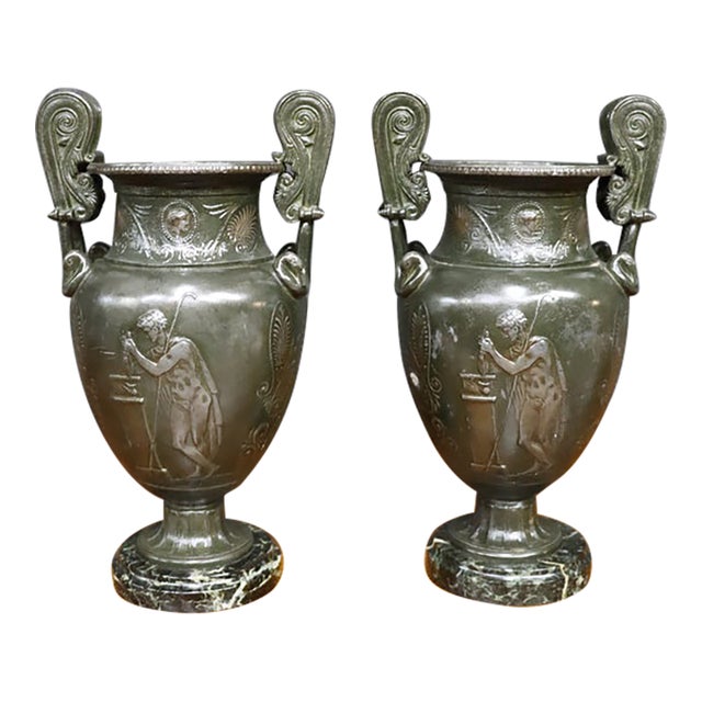 Circa 1850 Italian Neoclassical Bronze Grand Tour Urns, Pair For Sale