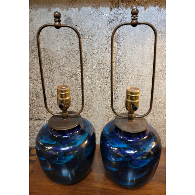 Blue Nils Thorsson for Royal Copenhagen Fish Table Lamps - A Pair For Sale - Image 8 of 11