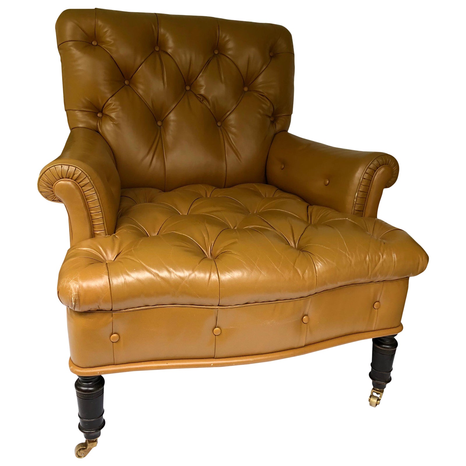 Tufted Leather Upholstered Mahogany Library Chair on Casters Chairish