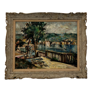 Vintage Textured Impressionist Oil Painting Cote d'Azur Coastal Town Landscape in Carved Wood Frame
