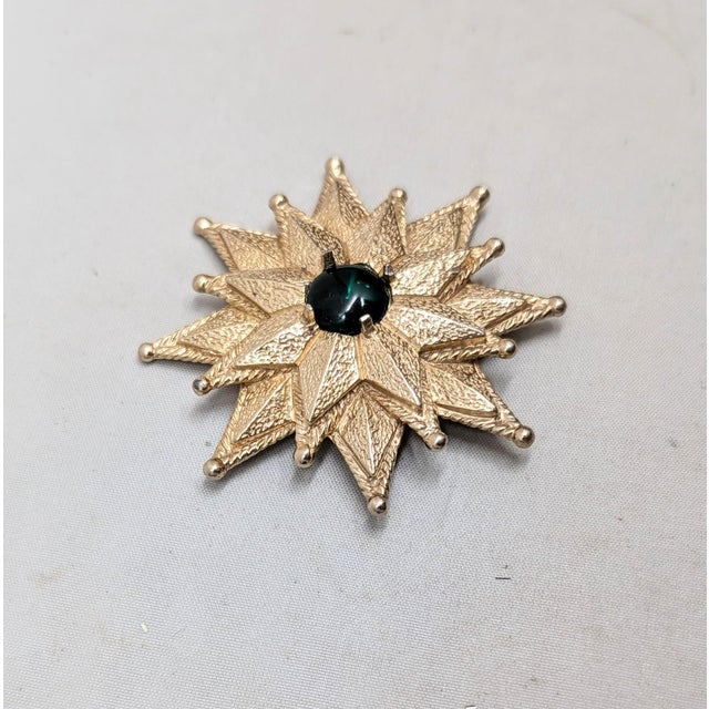 Vintage 1960s Signed Castlecliff Goldtone Cabochon Faux-Emerald Brooch & Pendant For Sale In Philadelphia - Image 6 of 6