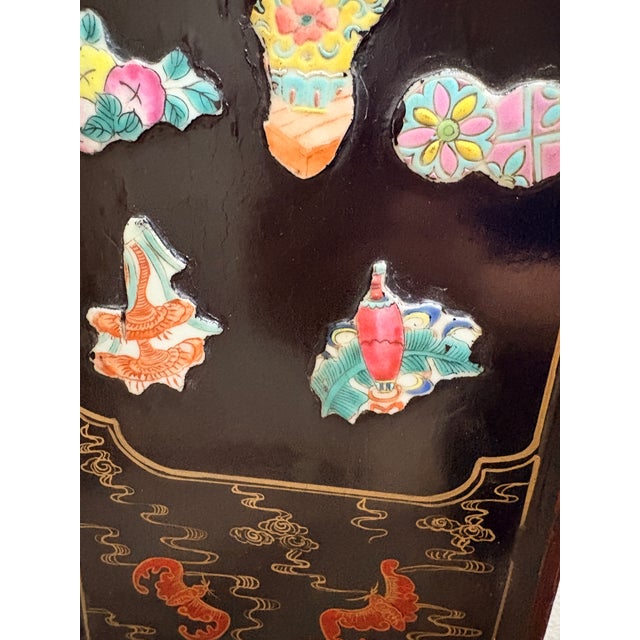 1970s Chinese Lacquer Wall Panel With Polychrome Relief Motifs — 7" X 30" For Sale - Image 5 of 6