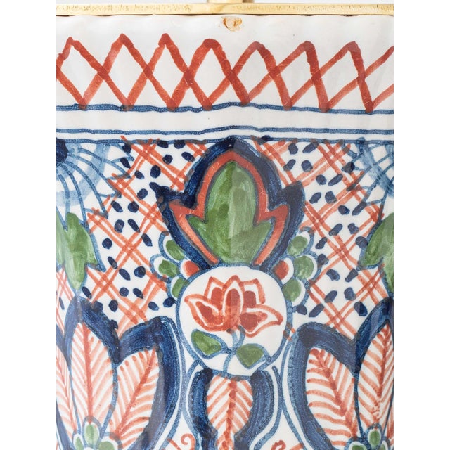 Dutch Delft Table Lamps with New Olive Velvet Drum Lampshades by Makkum, 1940s, Set of 2 For Sale - Image 15 of 17