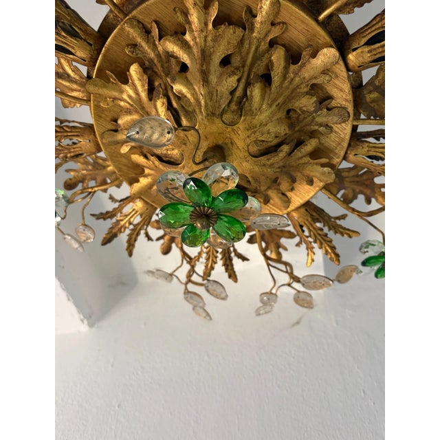 Flush Mount Maison Baguès Crystal Green Flowers Leaves Chandelier 9 Lights For Sale - Image 6 of 11