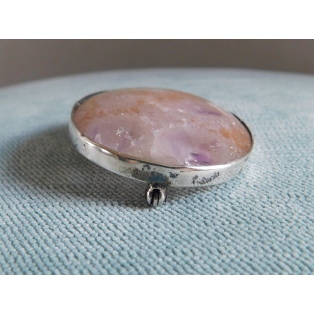 Metal Antique Rose Quartz and Sterling Silver 19th C. English Brooch Pin For Sale - Image 7 of 8