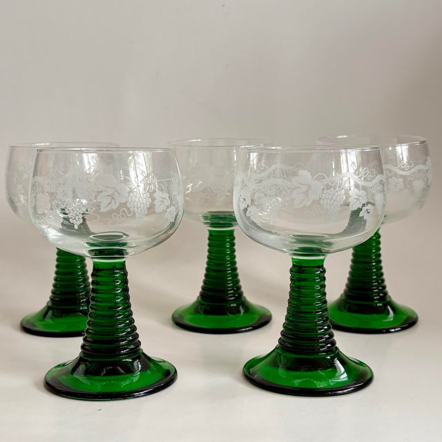 Vintage French Luminarc Roemer Green Stem Wine Glasses – Set of 5 For Sale - Image 9 of 10