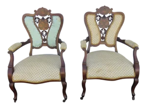 Victorian Early 1880s Carved Inlay Side Chairs - Pair