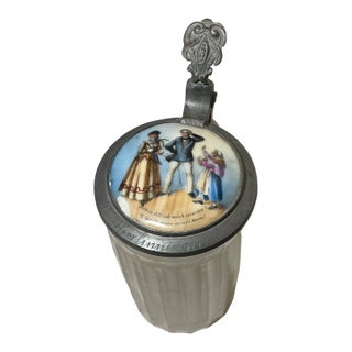 Antique 1800's Hand Painted Porcelain Glass Pewter German Lidded Beer Stein Mug For Sale