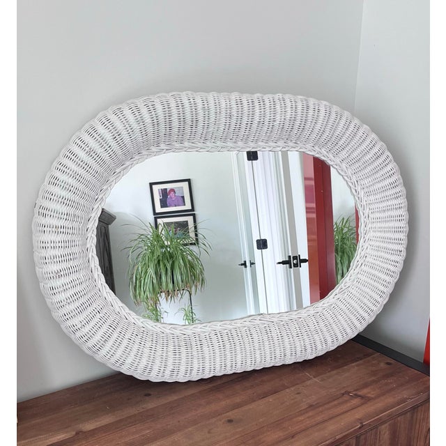 Vintage Large Oval Woven Rattan Framed Mirror For Sale In Houston - Image 6 of 11