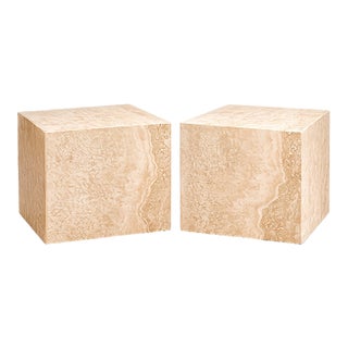 1970s Pair of Travertine Cube Side Tables – 16” Sculptural Stone Pedestals For Sale