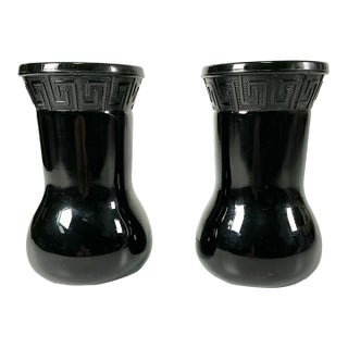 1950s Vintage Boho Chic Mediterranean Greek Key Black Amethyst Onyx Vase - A Pair. For Sale