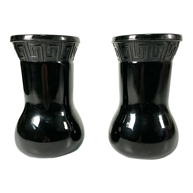 1950s Vintage Boho Chic Mediterranean Greek Key Black Amethyst Onyx Vase - A Pair. For Sale