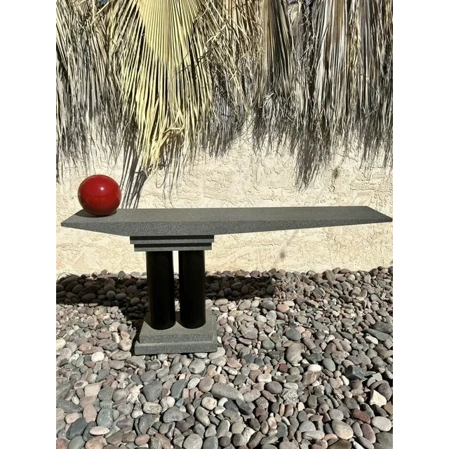 1990s Memphis Style Double Black Tubular Pedestal With Gray Stucco Finish Top & Red Sphere Console Table For Sale - Image 4 of 5