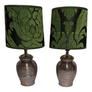 Vintage Bedside Lamps with Silver-Colored Ceramic Base and Green Fabric Shade from Honsel, 2000s, Set of 2 For Sale