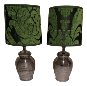 Vintage Bedside Lamps with Silver-Colored Ceramic Base and Green Fabric Shade from Honsel, 2000s, Set of 2