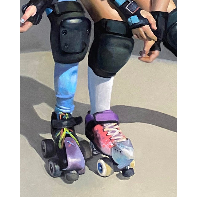 If You Want to Go Fast Go Alone by Denise Dambrackas | Acrylic and oil on panel Two girls on roller skates For Sale - Image 4 of 5