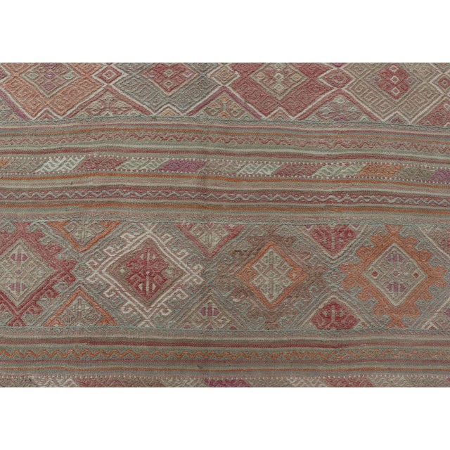 Colorful Vintage Embroidered Kilim With Stripes and Alternating Geometric Motifs 6'9 X 9'3 For Sale - Image 10 of 13