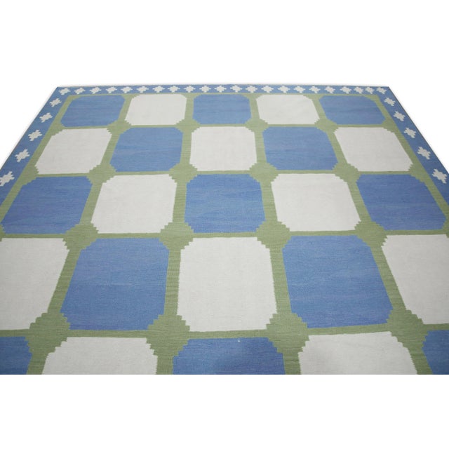 Blue and Green Geometric Design Handmade Modern Kilim Rug 6' X 9' For Sale - Image 4 of 8