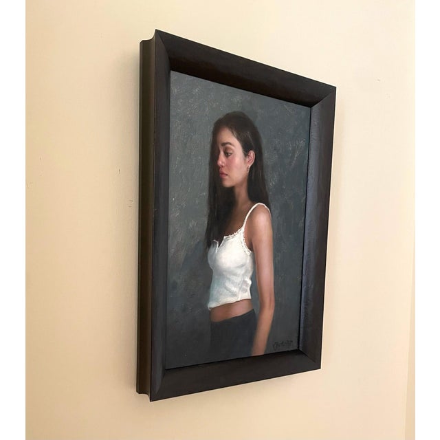 Figurative Jules by Kelly Birkenruth | Oil on Panel Portrait of a young woman in a white top. For Sale - Image 3 of 5