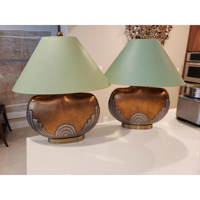 Metal Art Deco Table Lamps With Shades - a Pair For Sale - Image 7 of 10
