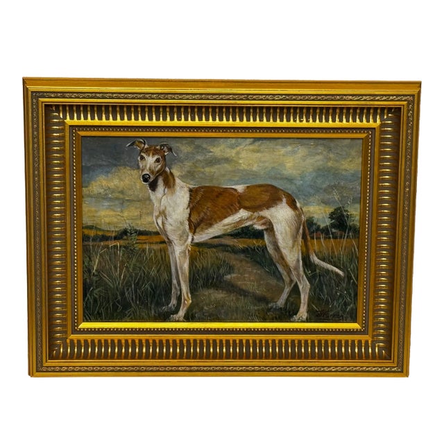 Edwardian British Lurcher Oil Portrait Signed J. Warnes, Circa 1910 For Sale