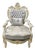 French Louis XV Light Gray Tufted Armchair – White Carved Frame With Gold Leaf & Damask Upholstery For Sale