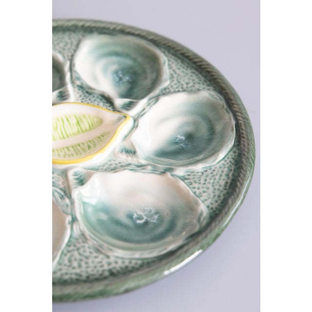 Antique French Saint Clément Majolica Blue Green & Yellow Lemon Wedge Oyster Plate For Sale - Image 4 of 8