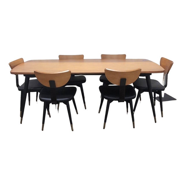 Scandinavian Designs Lanson 7-Piece Dining Set, Solid Poplar Table and 6 Chairs, Light Walnut For Sale