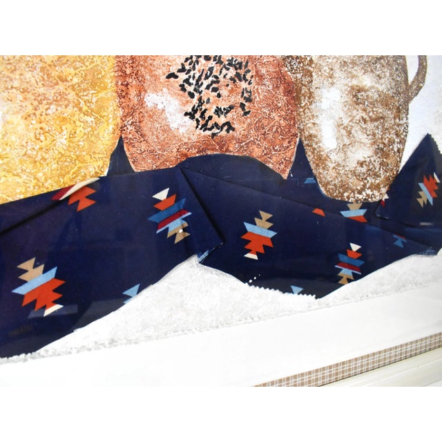 Late 20th Century Still Life Pottery Urn Vase Painting and Fabric Collage With Frame For Sale - Image 9 of 13