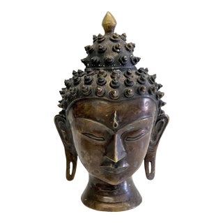 Antique Late 19th Century Asian Patinated Bronze Buddha Head Sculpture For Sale