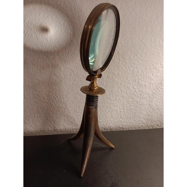American 1960s Magnifying Glass Tabletop Brass on Horns Tripod For Sale - Image 3 of 6