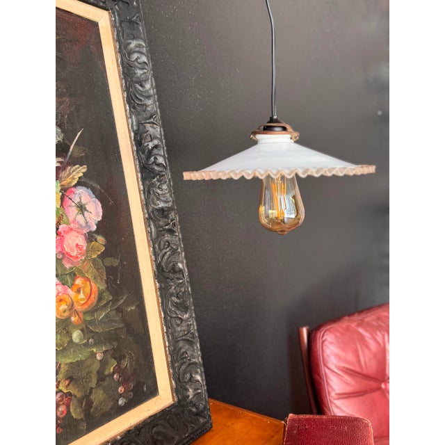 French Early 20th Century French Hand-Blown Opaline Glass Pendant Shade W/ Scalloped Edge For Sale - Image 3 of 11