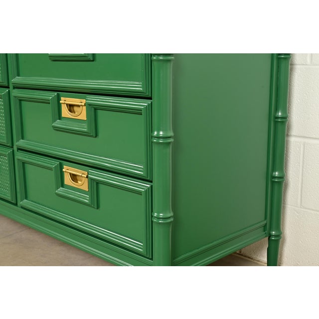 Mid-Century Hollywood Regency Campaign Green Lacquered Faux Bamboo Triple Dresser or Credenza by Stanley, Newly Refinished For Sale - Image 11 of 16