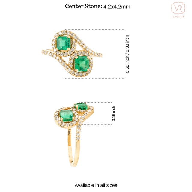 Gold Two Stone Emerald Halo Wedding Ring Gift for Her Size 6 For Sale - Image 8 of 12