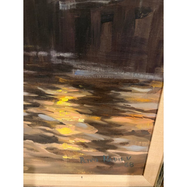 Vintage 1968 Petko Kadiev Original Harbor Painting in Vintage Frame For Sale - Image 11 of 18