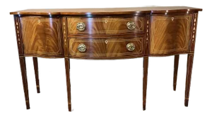 1990s Stickley Federal Style Featuring a Bowfront Design Crafted From Mahogany Solids, Book-Matched Mahogany Veneer, and Satinwood Bellflower Inlays.