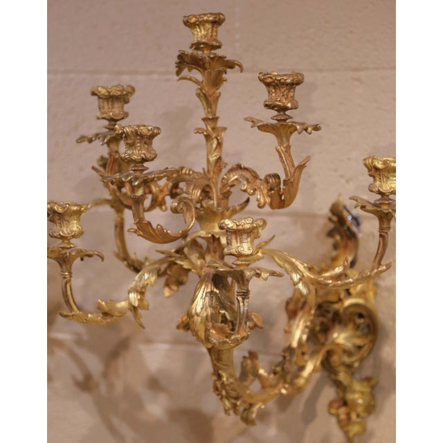 Bronze Pair of 19th Century French Louis XV Rococo Bronze Dore Eight-Light Wall Sconces For Sale - Image 8 of 13