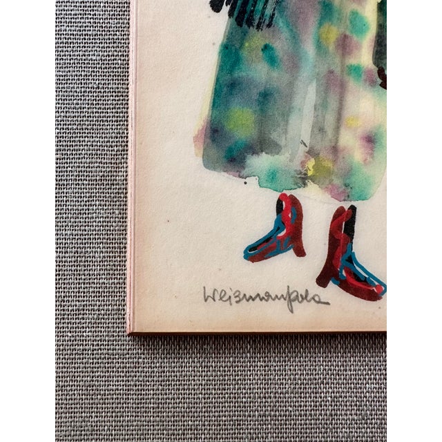 Pola Weizman Israeli Art Painting - Signed Kibbutz Ma'ayan Tzvi Folk Modern Figure - Vintage Handmade Mixed Media on Paper - 13.5 × 8 In For Sale - Image 4 of 6