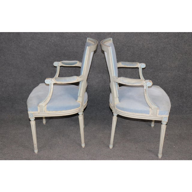 French Pair of French Louis XVI Style Creme & Blue Paint Decorated Armchairs C. 1930's For Sale - Image 3 of 15