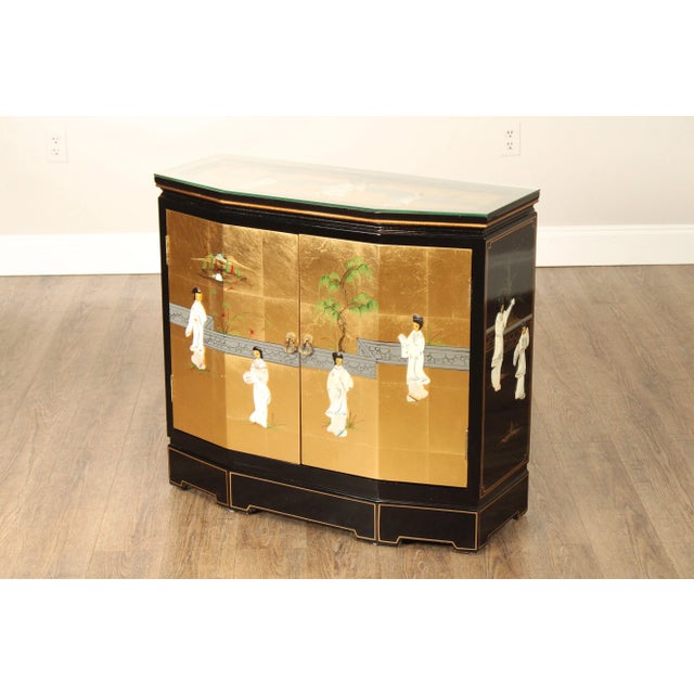 Chinoiserie Decorated Black and Gold Lacquer Glass Top Console Cabinet For Sale - Image 10 of 12
