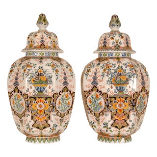 Tall Polychrome Delft Lidded Vases, 1940s, Set of 2 For Sale