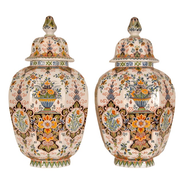 Tall Polychrome Delft Lidded Vases, 1940s, Set of 2 For Sale