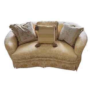 Vintage Sherrill Yellow Gold Foral Damask Tufted Sofa With Tuxedo Skirt & Throw Pillows For Sale