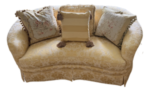 Vintage Sherrill Yellow Gold Foral Damask Tufted Sofa With Tuxedo Skirt & Throw Pillows