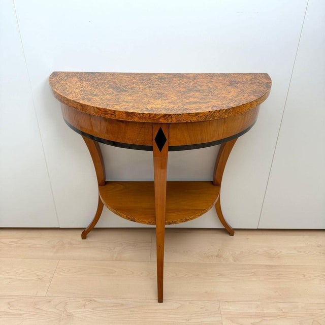 Fine Biedermeier Demi-lune Console Table in cherry wood and birch burl from Franconia, circa 1830. Cherrywood, solid and...