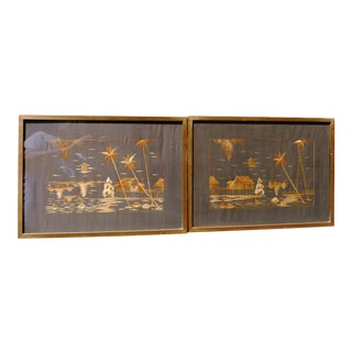Vintage Asian Art Bamboo Embroidery on Silk Pictures - a Pair For Sale