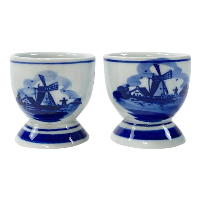 Vintage Delft Porcelain Egg Cup Pair For Sale