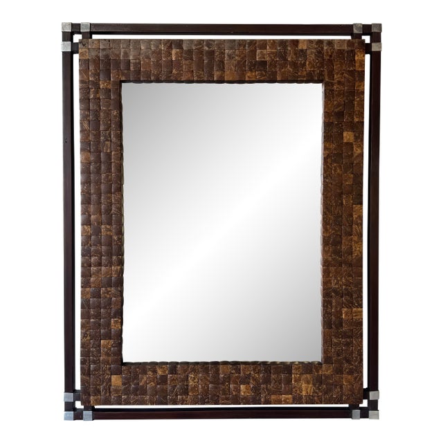 Vintage Coastal Organic Coconut Shell & Wood Wall Mirror With Metal Accents For Sale