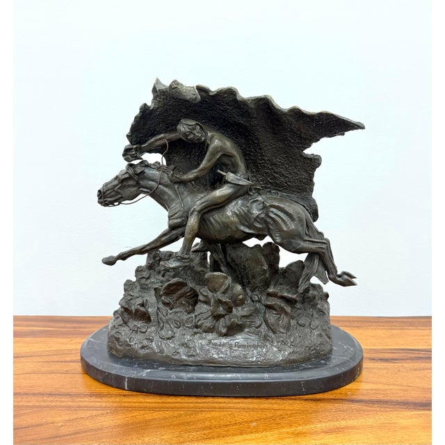 Vintage Large Scale Patinated Bronze Frederic Remington Sculpture on Marble Plinth For Sale In West Palm - Image 6 of 7